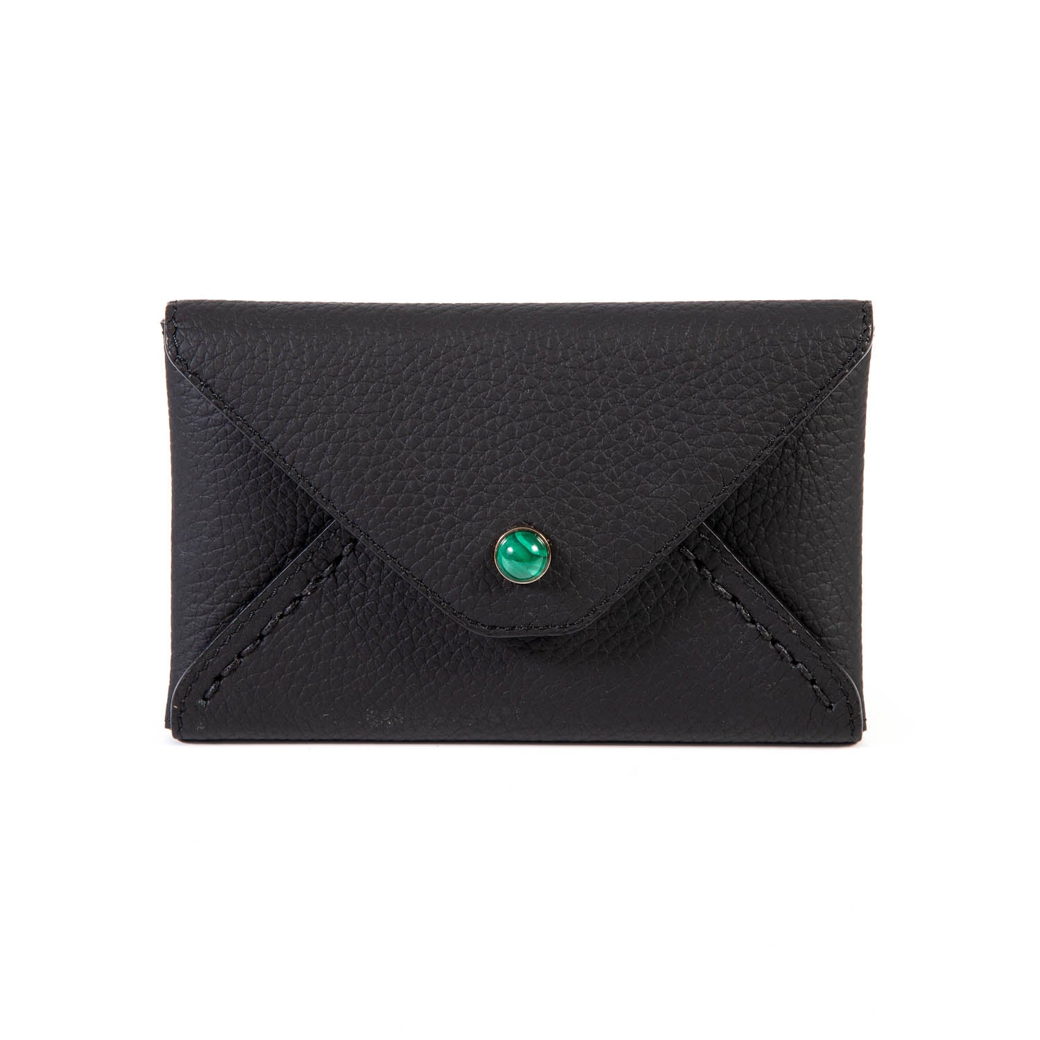 Mini envelopes sealed with Madame Malachite's kiss, as a wallet or passport holder. 100% Leather Jeweled with natural malachite stone