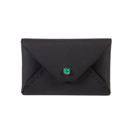 Mini envelopes sealed with Madame Malachite's kiss, as a wallet or passport holder. 100% Leather Jeweled with natural malachite stone
