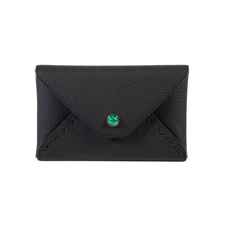 Mini envelopes sealed with Madame Malachite's kiss, as a wallet or passport holder. 100% Leather Jeweled with natural malachite stone