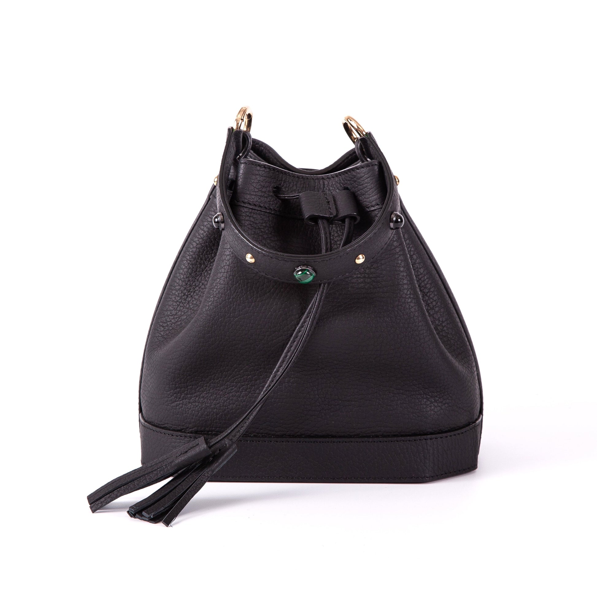 Madame Malachite Jeweled with malachite and agate stones, this bucket bag will help you catch those special moments. 100% Leather, natural malachite stone