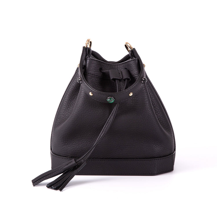 Madame Malachite Jeweled with malachite and agate stones, this bucket bag will help you catch those special moments. 100% Leather, natural malachite stone