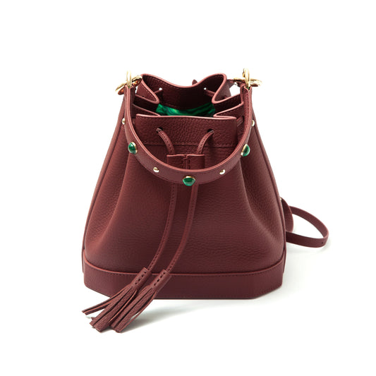 Madame Malachite Jeweled with malachite and agate stones, this bucket bag will help you catch those special moments. 100% Leather, natural malachite stone