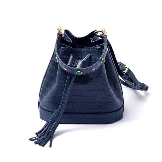 Madame Malachite Jeweled with malachite and agate stones, this bucket bag will help you catch those special moments. 100% Leather, natural malachite stone