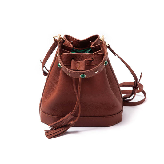 Madame Malachite Jeweled with malachite and agate stones, this bucket bag will help you catch those special moments. 100% Leather, natural malachite stone