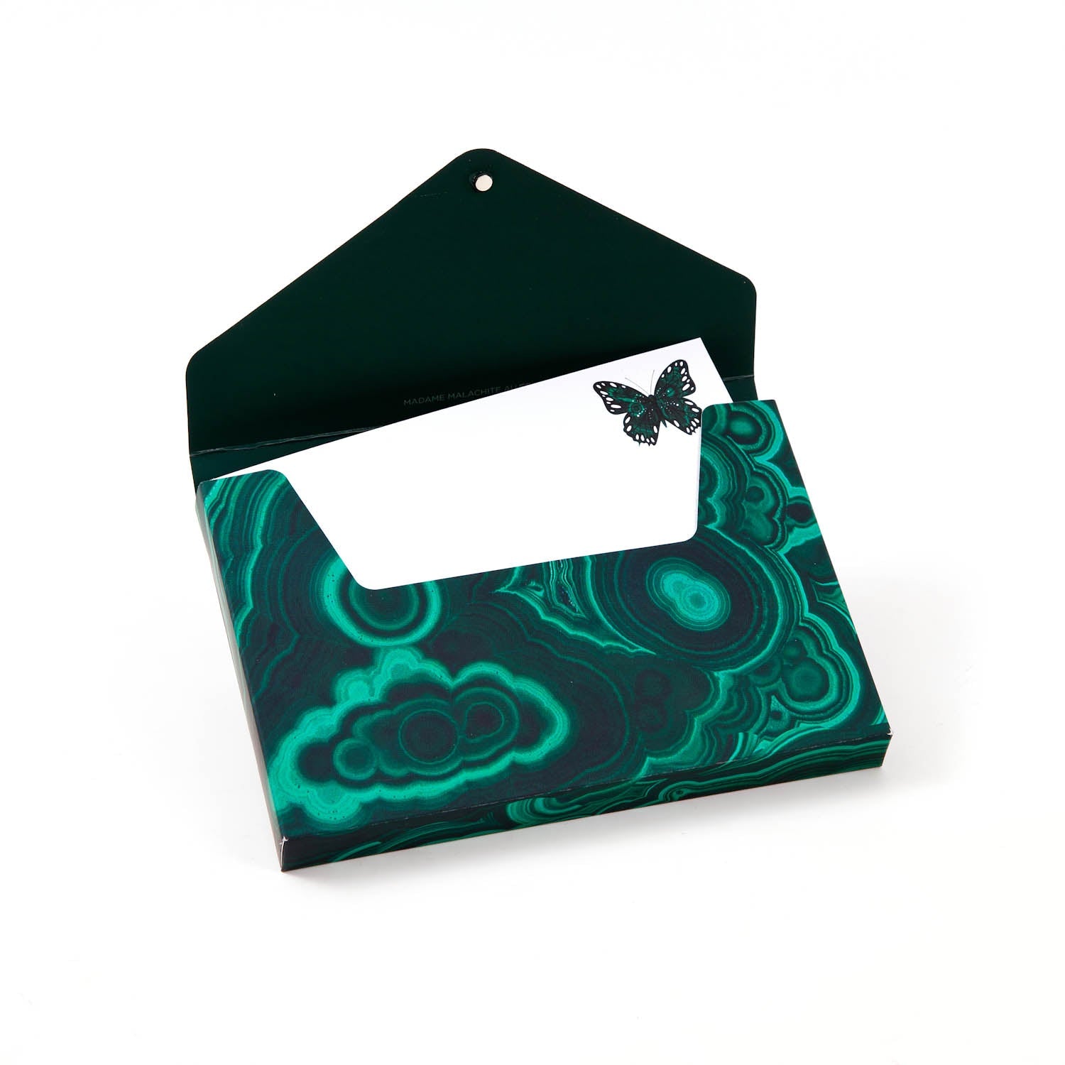 Madame Malachite Express yourself in the highest vibration. Box of 8 Notecards, in a malachite print envelope box.
