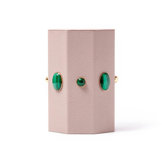 Madame Malachite A powerful protection stone, Black Onyx absorbs and transforms negative energy, wherever you may choose to keep it.  Timeless and tasteful bookends jeweled with natural stones to increase the energy in you home.  Perfect decorative pieces for for your cabinet of curiosities.  %100 Leather (Floater leather) 