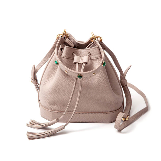 Madame Malachite Jeweled with malachite and agate stones, this bucket bag will help you catch those special moments.  100% Leather, natural malachite stone 