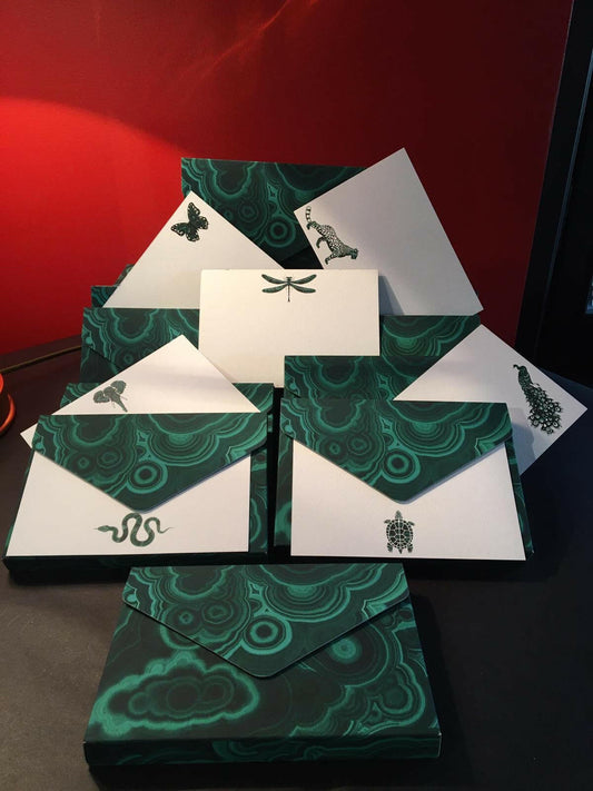 Madame Malachite Express yourself in the highest vibration.  Box of 8 Notecards, in a malachite print envelope box.